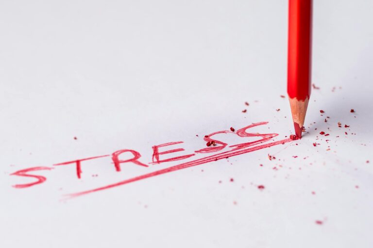 Photo où un crayon de couleur rouge ecris le mot stress sur une feuille blanche